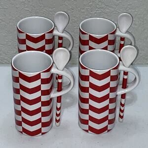 Lot Of 4 Starbucks Red & White Chevron‎ Candy Cane 8oz Mug Set with Spoon 2013